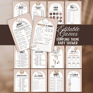 Puede incluir: Un conjunto de juegos imprimibles para baby shower con temática de dumpling. Los juegos incluyen trivia, predicciones y juegos de emoji. Las tarjetas son de color beige con texto marrón e ilustraciones de dumpling.