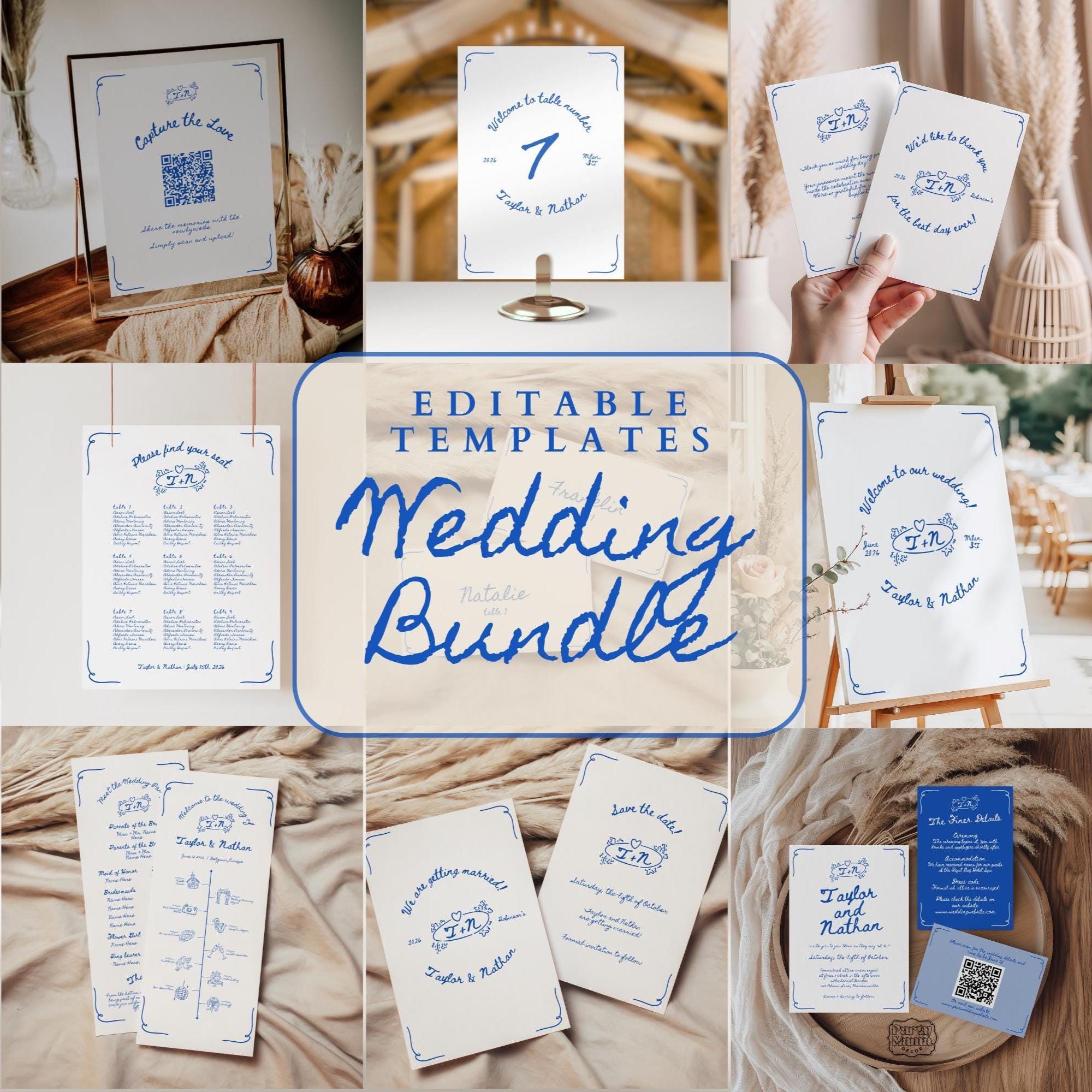 Handwritten Wedding Sign Bundle, Whimsical Wedding Invitation Suite, Script Font and Cursive Templates for Events, Unique Wedding Stationery