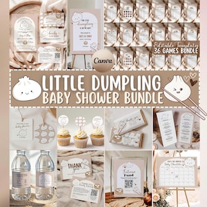 Kawaii Theme Decor Templates, Dumpling Baby Shower Bundle, Editable Dim Sum Invite, Signs & Games