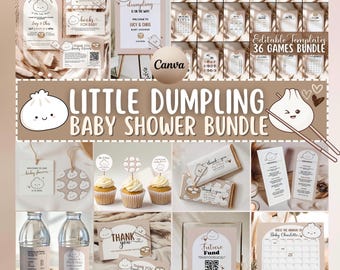 Kawaii Theme Decor Templates, Dumpling Baby Shower Bundle, Editable Dim Sum Invite, Signs & Games