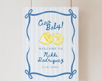 Ciao Baby Shower Willkommensschild: Bearbeitbares Zitronen-Thema (Canva Template)