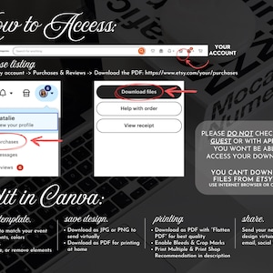 May include: A computer screen displays instructions for accessing and editing a purchase from Etsy. The text includes steps for downloading files, editing in Canva, and sharing the design. The image features a laptop keyboard and a website interface.