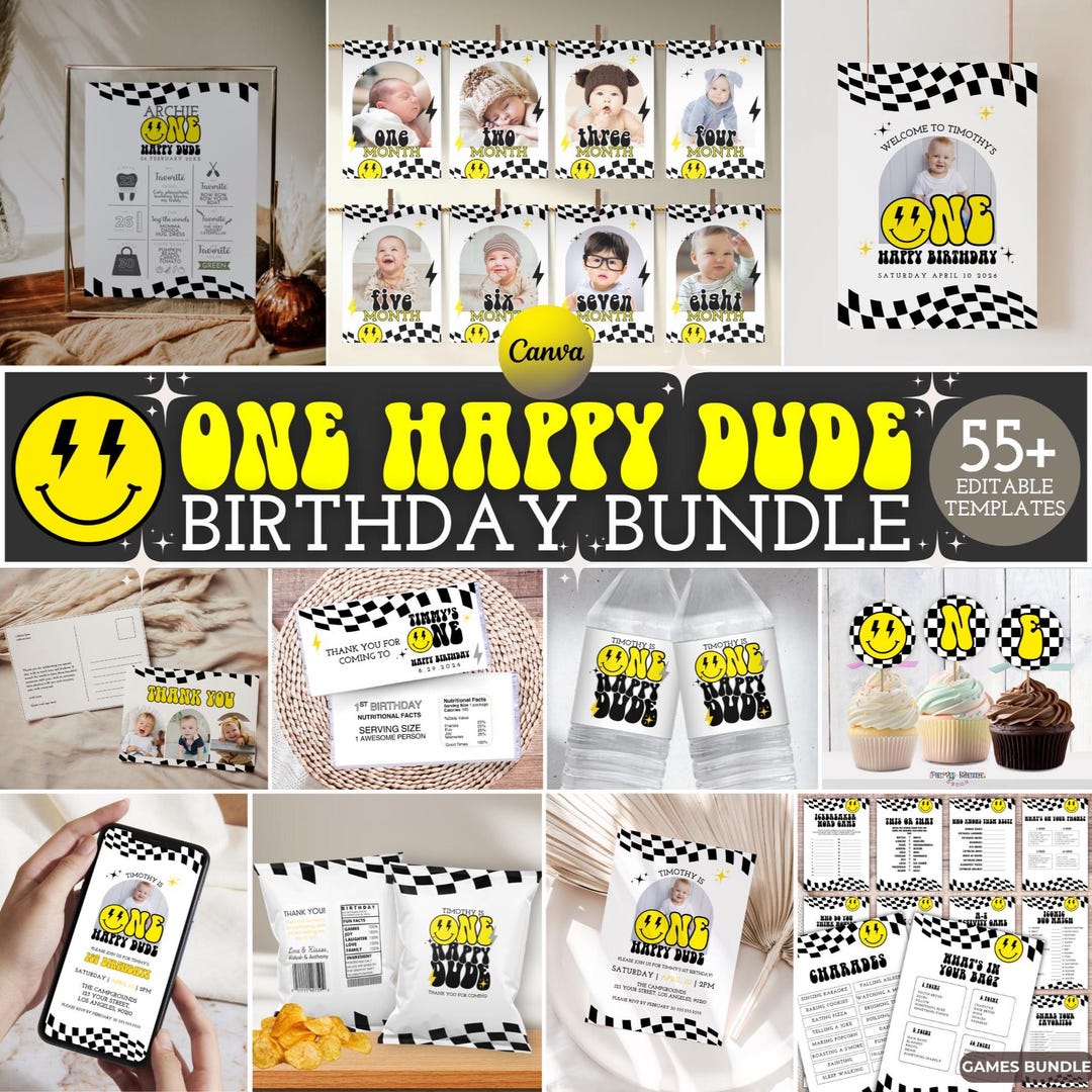 One Happy Dude Birthday Bundle, Editable Smiley Face Party Decor, One ...
