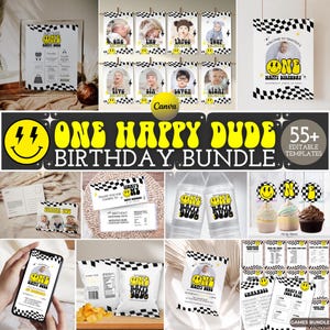 Pacote de aniversário "One Happy Dude", decoração de festa com carinha sorridente editável, modelos de primeiro aniversário "One Cool Dude", imprimíveis para festa de menino retrô, HPYD