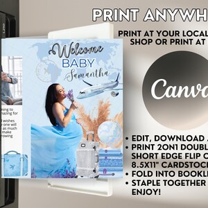 May include: A printable baby shower invitation featuring a pregnant woman in a blue dress, a suitcase, and a plane. The text reads "Welcome Baby Samantha".