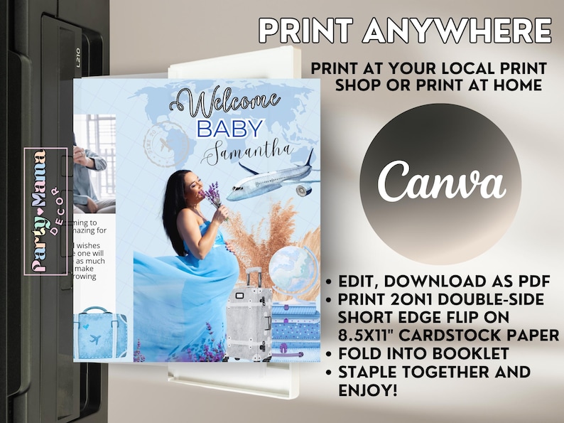 May include: A printable baby shower invitation featuring a pregnant woman in a blue dress, a suitcase, and a plane. The text reads "Welcome Baby Samantha".