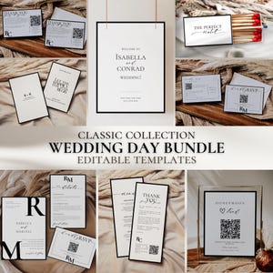 May include: A collection of wedding day printable templates in black and white with a modern minimalist design. The templates include a welcome sign, RSVP card, thank you card, details card, and a honeymoon fund sign. The text on the templates includes the names Isabella and Conrad, Rebecca and Marcelle, and RM.