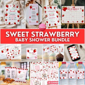 Editable Strawberry Baby Shower Invitation Bundle, Berry Sweet Modern Baby Shower Invite Set, Daisy Berries Minimal Girl Baby Shower, BRY2