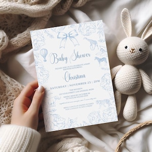 Blue Safari Toile Baby Shower Invitation Template, Editable Blue Vintage Floral Toile Baby Shower Invitation, Blue Chinoiserie Design