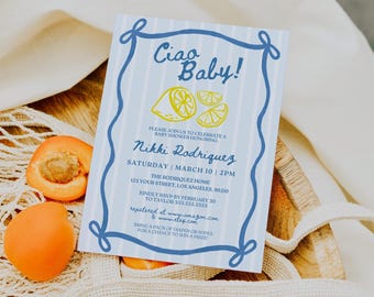 Plantilla de invitación para baby shower "Ciao": temática italiana, género neutro (editable en Canva, descarga digital)
