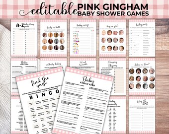 Pink Gingham Baby Shower Games Bundle, Editable Templates (Digital Download)