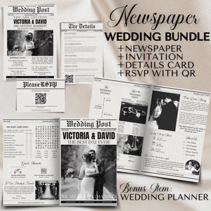 May include: Black and white newspaper style wedding invitation set featuring a photograph of the couple. The set includes a wedding invitation, details card, RSVP card, and a wedding planner. The text on the invitation reads "Victoria & David, The Best Day Ever!"