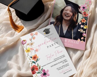 Wildflower Graduation Invitation, Editable Grad Party Template, WFGR