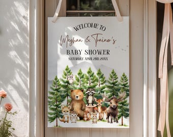 Woodland Baby Shower Willkommensschild, Waldtiere (Bearbeitbare Vorlage)