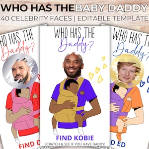 Bewerkbare Who Has The Daddy-spelsjabloon, Baby Daddy Baby Shower Game, Celebrity Dad Game, Find Daddy Scratch Game, leuk idee voor babyshower, leuk idee voor babyshower