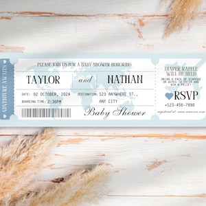 Tarjeta de embarque editable "Aventura Azul Te Espera" para baby shower, invitación DIY para baby shower con tema de viaje en avión, tarjeta de embarque con temática de mapa, ADV1