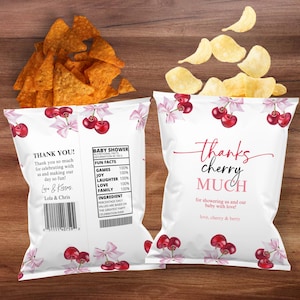 Editable Cherry Pink Bow Chip Bag Template for Baby Shower | Custom Cherries with Bow Favor Bag Design | DIY Party Favor Wrapper for Chips