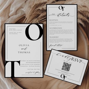 Suite modifiable classique de faire-part de mariage en noir et blanc, comprend un faire-part pour de l'argent ancien, des cartes détaillées, un code QR RSVP, un ensemble d'invitations à un mariage, LNES