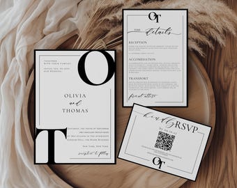 Editable Minimalist Wedding Invitation Suite with RSVP QR Code