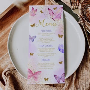 Menù con farfalle modificabile per baby shower, modello di menù per baby shower con farfalle, menù stampabile con farfalle, menù per cena per neonati, BTF1