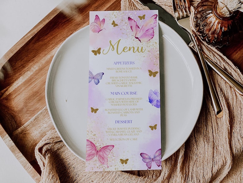 Editable butterflies menu for baby shower featuring a delicate butterfly theme, customizable baby shower menu template, perfect for a baby dinner menu or food table display. Printable butterflies menu card, Etsy shop search code: BTF1, easy to edit in Canva and ideal for spring or garden-themed baby showers.