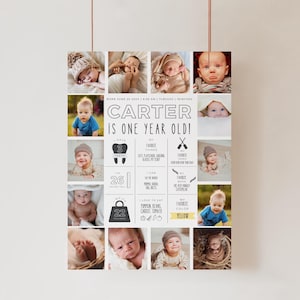 Baby erstes Jahr Meilenstein Schild, modernes Meilenstein Poster zum 1. Geburtstag, einjährige Foto Baby Meilensteinkarte, bearbeitbare Meilensteinkarte
