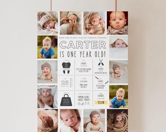 Moderne Baby 1. Geburtstag Meilensteintafel, Fotocollage (bearbeitbare Vorlage)