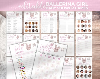 Mädchen-Babyparty-Spiele-Bundle, rosafarbene Wäscheleine Design (Canva Template)