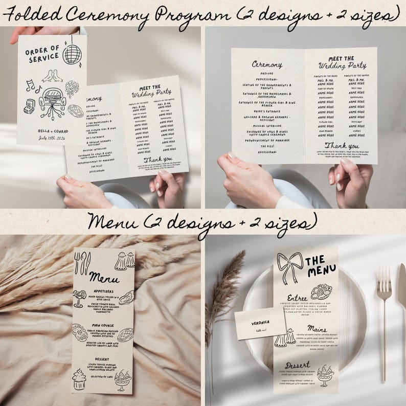 May include: Two different designs for wedding ceremony programs and menus. The programs are folded in half and feature a black and white illustration of a disco ball, musical notes, and a car. The menus are vertical and feature black and white illustrations of food and cutlery. The text on the programs includes "Order of Service", "Meet the Wedding Party", and "Ceremony". The text on the menus includes "Menu", "Appetizers", "Main Course", "Dessert", "The Menu", "Entree", "Mains", and "Dessert".