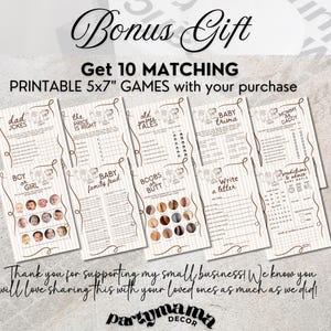 May include: A collection of printable baby shower games, each 5x7 inches, with titles like "Dad Jokes" and "Baby Trivia." The design features a cream background with brown decorative elements and text. The image includes the text "Bonus Gift."