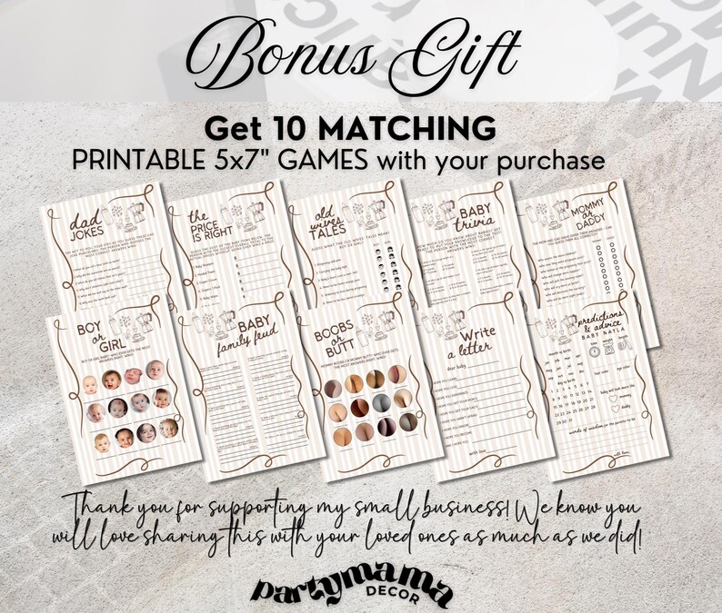 May include: A collection of printable baby shower games, each 5x7 inches, with titles like "Dad Jokes" and "Baby Trivia." The design features a cream background with brown decorative elements and text. The image includes the text "Bonus Gift."