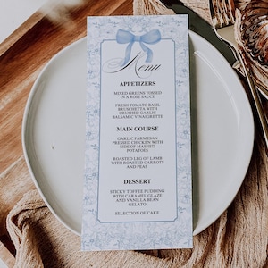 Menú editable de toile azul para baby shower, plantilla de menú de toile de jouy azul bebé, menú de cena de toile, BTOI