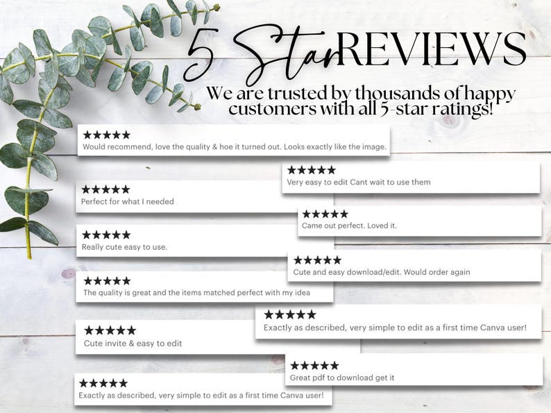May include: A collage of customer reviews with five stars and positive comments about the quality and ease of use of a product. The text includes phrases like "Would recommend", "Perfect for what I needed", "Really cute easy to use", "Very easy to edit", "Came out perfect", "Cute and easy download/edit", "The quality is great", "Cute invite & easy to edit", "Exactly as described", "Great pdf to download".