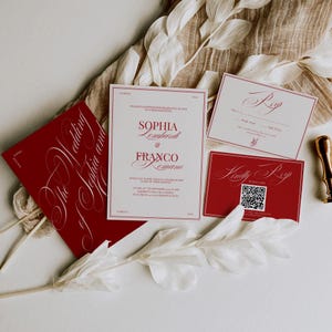 Retro Italian Wedding Invite Templates, Red Old Money Wedding Invitation Set with QR Code, Save the Date Card, Editable Modern Chic