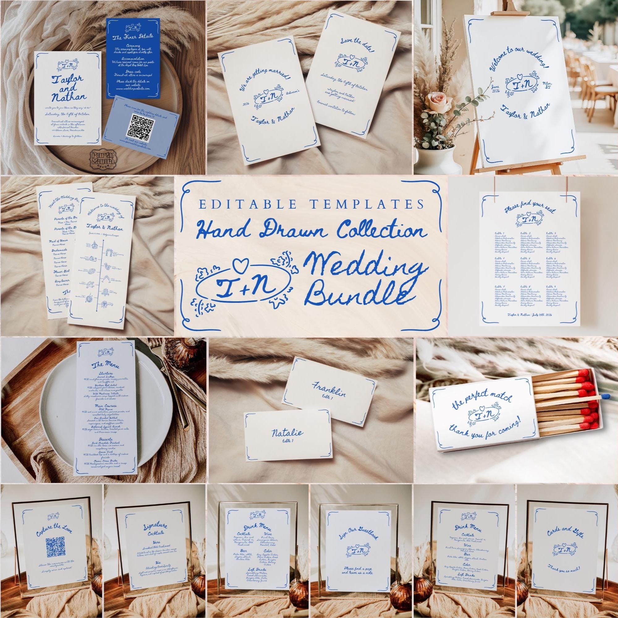 Vintage Hand Drawn Wedding Day Of Bundle, Elegant Whimsical Wedding Template Bundle, Artsy Stationery Bundle, French Blue Templates, VNTB