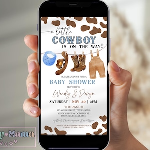 Modello di invito elettronico per baby shower Little Cowboy, messaggio di testo modificabile per baby shower Western, invito per baby shower Country Boy