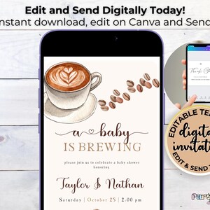 Puede incluir: Plantilla de invitaci&oacute;n digital editable para un baby shower con una ilustraci&oacute;n de acuarela de una taza de caf&eacute; con un coraz&oacute;n y el texto "a baby is brewing". La invitaci&oacute;n est&aacute; dise&ntilde;ada en colores marr&oacute;n, beige y blanco e incluye el texto "Edit and Send Digitally Today!" y "Editable Template".