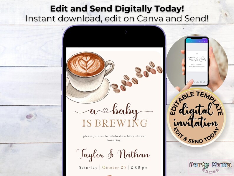 Puede incluir: Plantilla de invitaci&oacute;n digital editable para un baby shower con una ilustraci&oacute;n de acuarela de una taza de caf&eacute; con un coraz&oacute;n y el texto "a baby is brewing". La invitaci&oacute;n est&aacute; dise&ntilde;ada en colores marr&oacute;n, beige y blanco e incluye el texto "Edit and Send Digitally Today!" y "Editable Template".