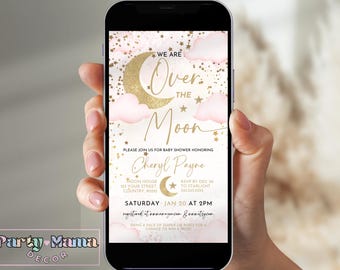 Pink Over the Moon Baby Shower Invitation, Girl Moon Star Evite (Digital)