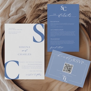 Wedding Invitation Suite Light Blue, French Blue Wedding Invite Set, Dusty Blue Invitations with Qr Code Rsvp, Editable Template Bundle BL03