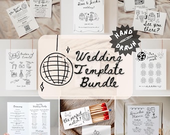 Puede incluir: Un conjunto de plantillas de papelería para bodas con ilustraciones a tinta negra dibujadas a mano de bolas de discoteca, pasteles de boda y bebidas sobre papel blanco. Incluye invitaciones, menús, planos de mesa y etiquetas.