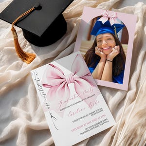 Coquette Graduation Announcement Card, Editable Grad Party Invitation Template, Pink Graduation Invites with Photo,College, High School,GPNK