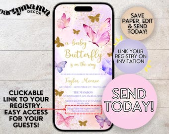 Electronic Butterfly Baby Shower Invitation, Butterflies Party Evite Template, Editable Butterfly Invitation Template, BTF1