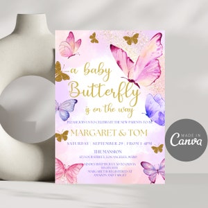 May include: A baby shower invitation with a pink and purple watercolor background featuring butterflies. The text reads "a baby Butterfly is on the way" and includes the names "Margaret & Tom" and the date "Saturday, September 29, from 1-4pm". The invitation also includes the location "The Mansion, 123 Your Street, Los Angeles, 90210" and the RSVP information "Kindly RSVP by July 30 to Olivia 555.555.5555". The invitation also states that "Margaret is registered at Amazon and Target".