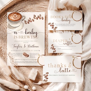 EDITABLE Coffee Bean Invitation Bundle, A Baby is Brewing Baby Shower Invitation Set, Brewing Coffee Baby Shower Template Set, COFE