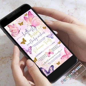 May include: A pink and purple baby shower invitation with a butterfly theme. The invitation features a pink and purple butterfly with gold glitter accents. The text on the invitation reads "butterfly kisses and baby wishes".