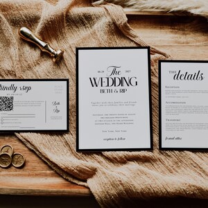May include: Wedding invitation suite with three cards, featuring black text on a white background. The main card reads "The Wedding" with the names Beth & Rip. A gold wax seal and a gold-colored stamp are also present.