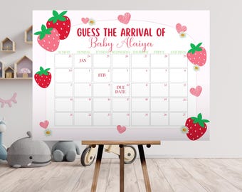 Strawberry Baby Shower Due Date Calendar, Prediction Game (Digital Download)