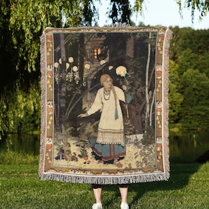 Vasilisa Baba Yaga Woven Throw Blanket: Occult Slavic Cottagecore Tapestry for Fairycore Goblincore Witch House