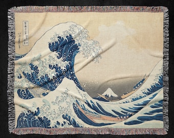 Great Wave Off Kanagawa Hokusai Woven Throw Blanket: Japanese Woodblock Tapestry, Ukiyo-e Aesthetic Bedding and Picnic Blanket
